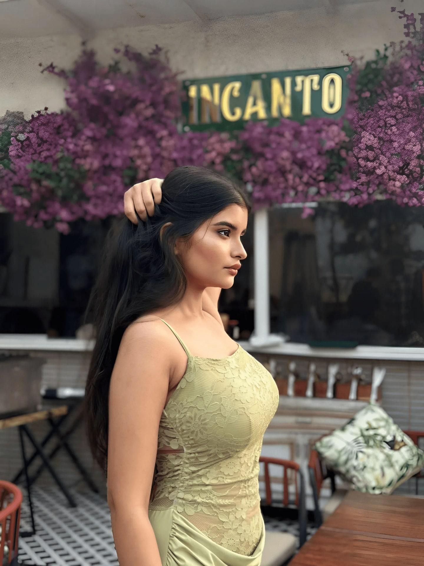 Manasvi Pathak Instagram post, green lace evening dress content from Agra